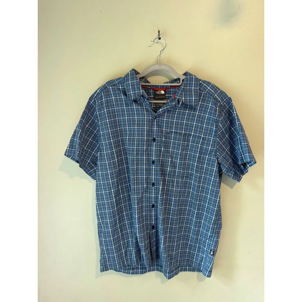 The North Face Mens Blue Plaid Short Sleeve Hiking Button Down Shirt Large